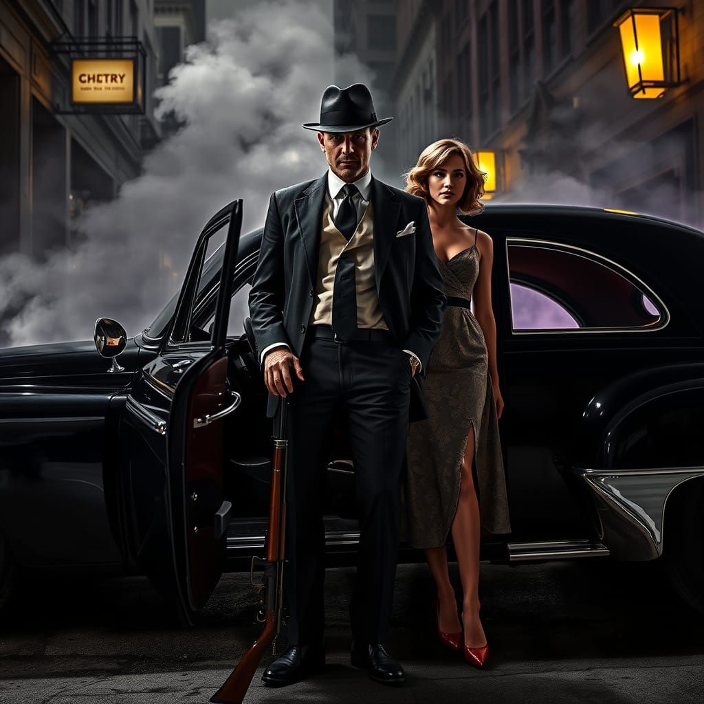 Vintage-Style Gangster Boss with a Tommy Gun and a Flapper G...
