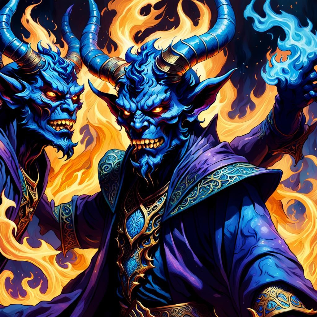 Two-Headed Demon Burning in Blue Flames