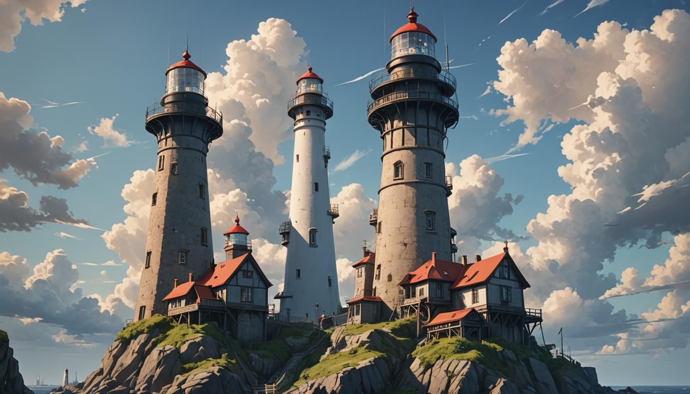 Multiple Massive Lighthouses in 3D Anime Style
