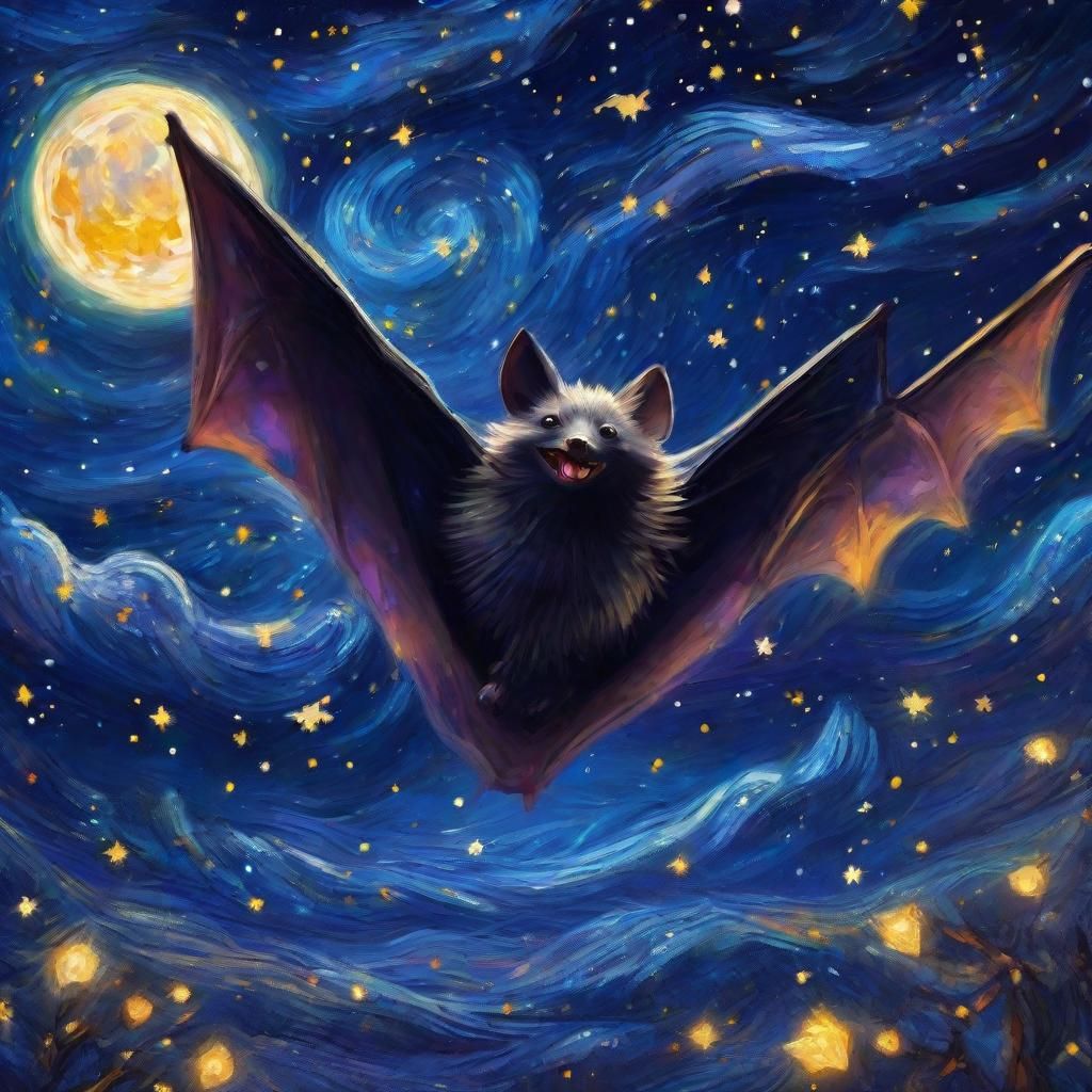 Smiling Bat in Starry Night Sky: Whimsical Art