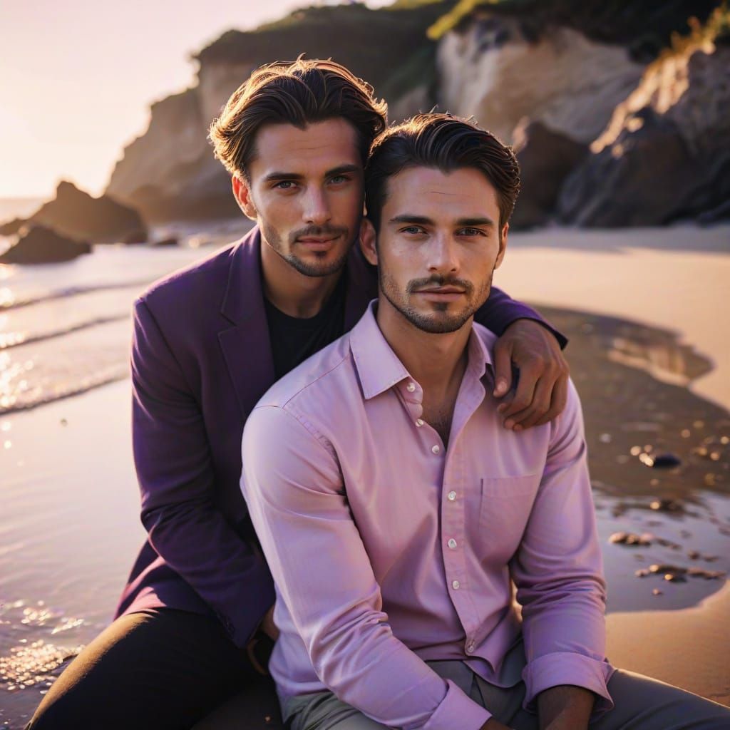 Retro Seaside: Men's Embrace in Golden Light