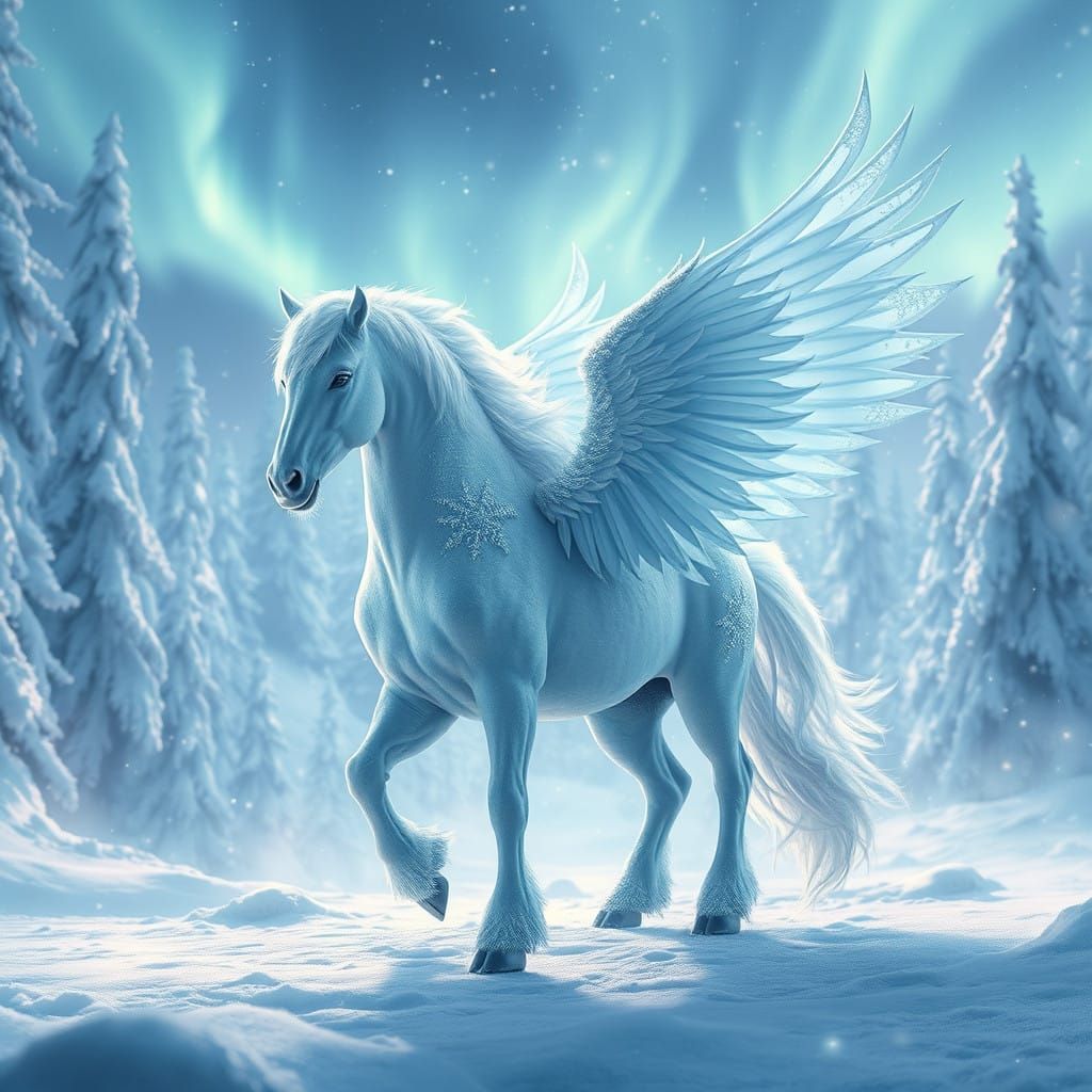 Majestic Snow Pegasus in a Mystical Forest