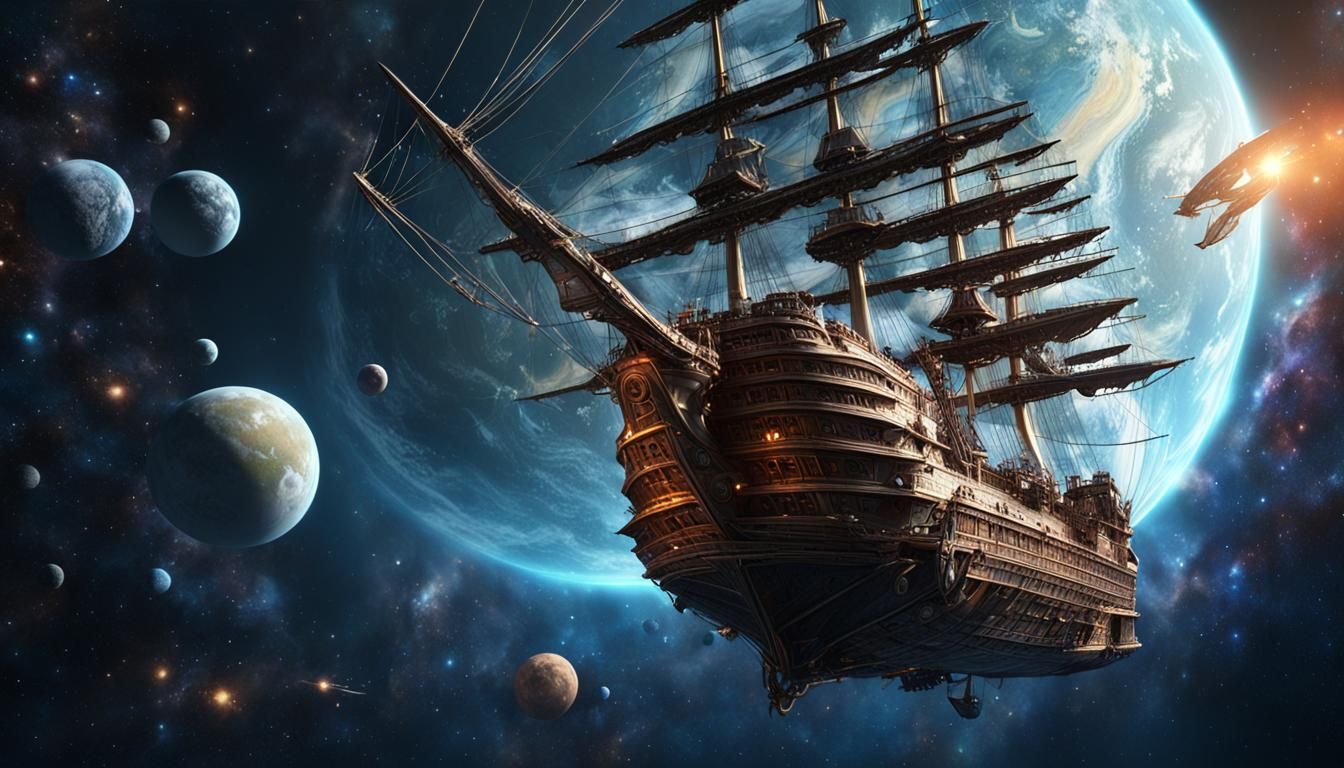 Three-Masted Ship Soaring Through Outer Space