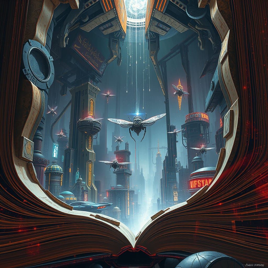Sci-Fi City Inside Ancient Book with Flying Vehicles