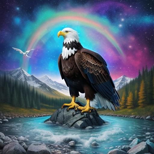 Eagle and Mountain Stream in Astral Illustration