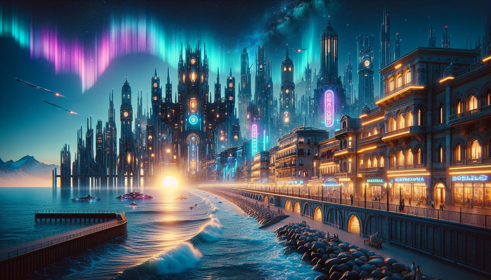 Hyperrealistic Gothic Sci-Fi Metropolis at Sunset