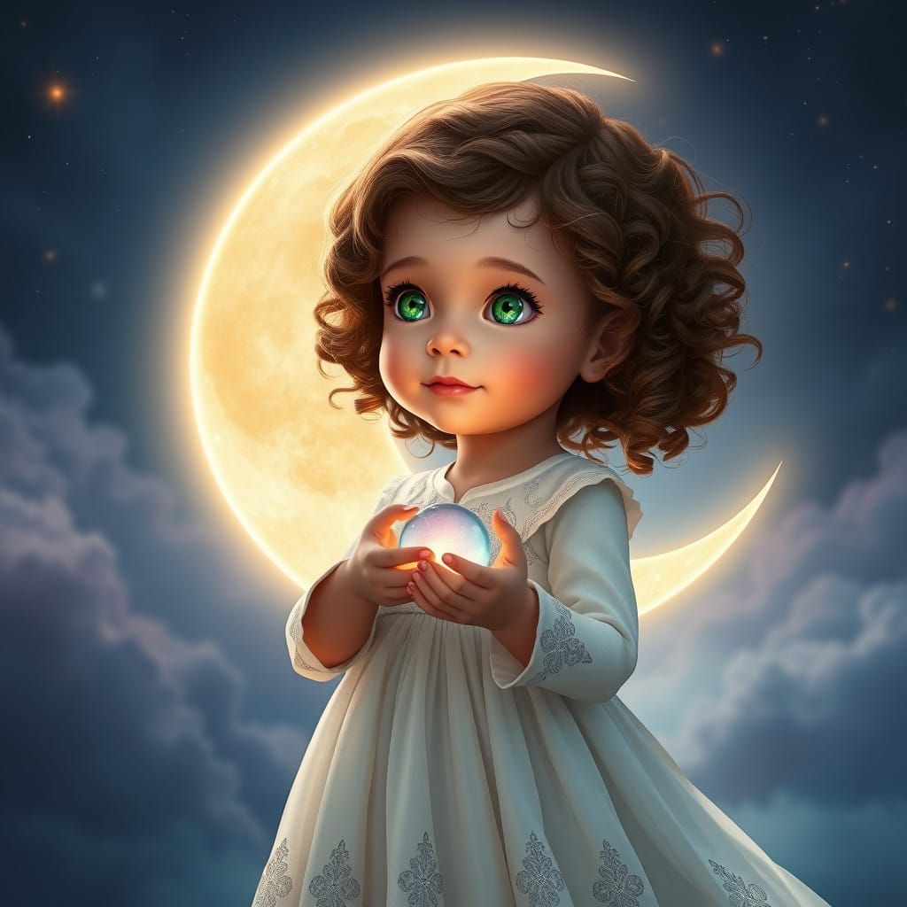 Whimsical Girl Under the Glowing Moon