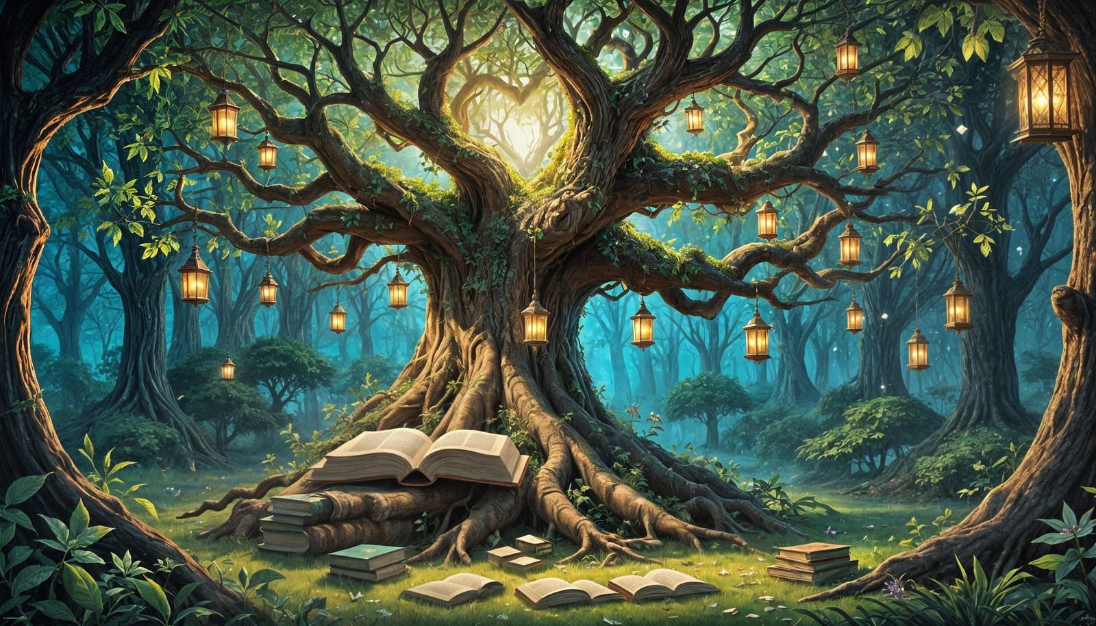 Hidden Tree Library with Floating Books, Fantasy Style