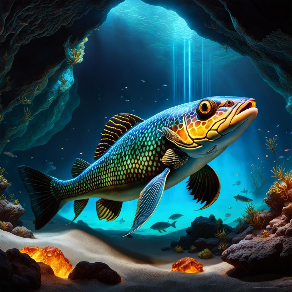 Bioluminescent Fish in Crystalline Underwater Cave
