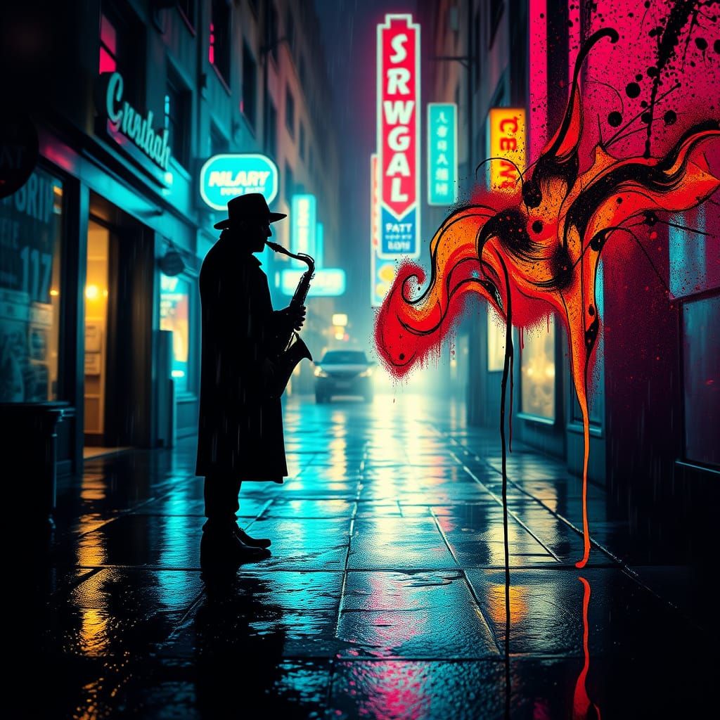 Neon Night: Saxophone Player in Street Art Style