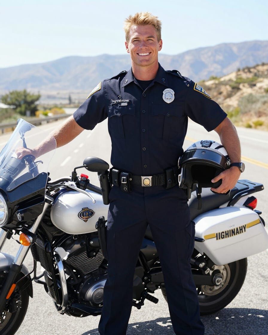 Handsome CHP Officer Poses with Motorcycle
