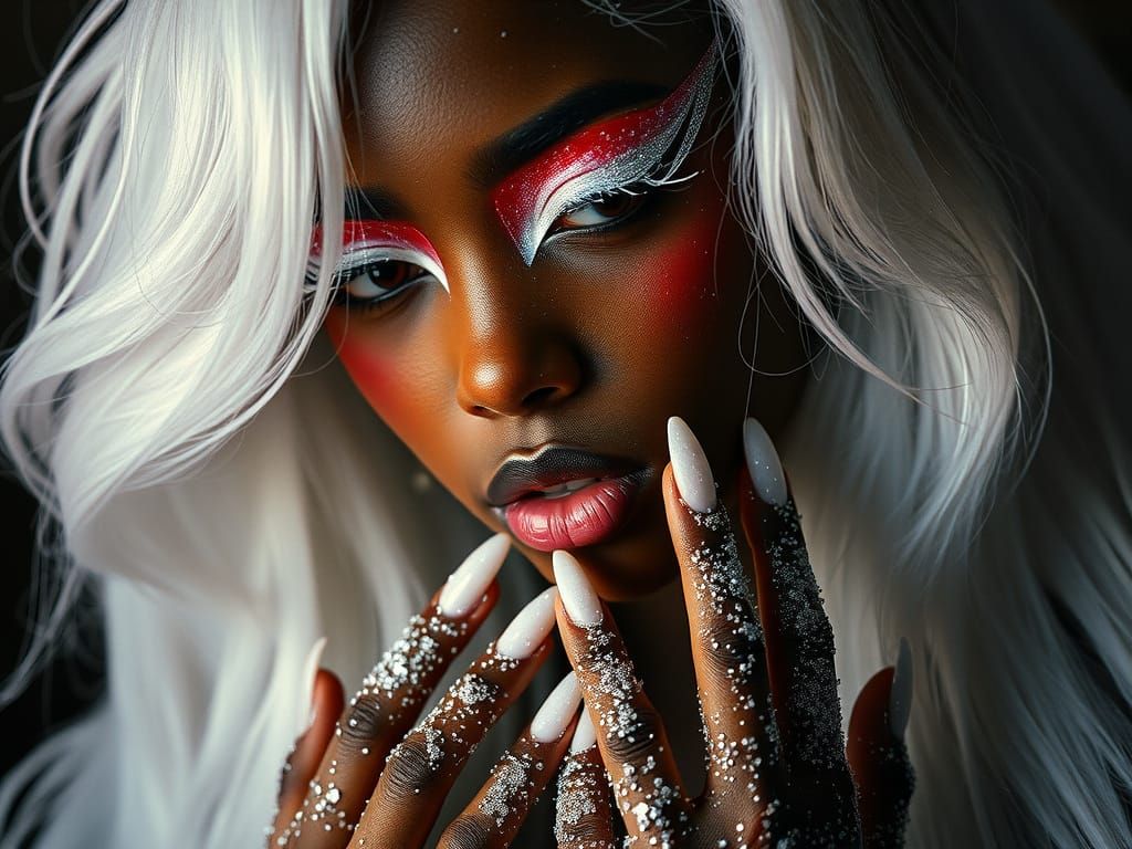 Dark Goddess with Iridescent Hair and Glittering Makeup