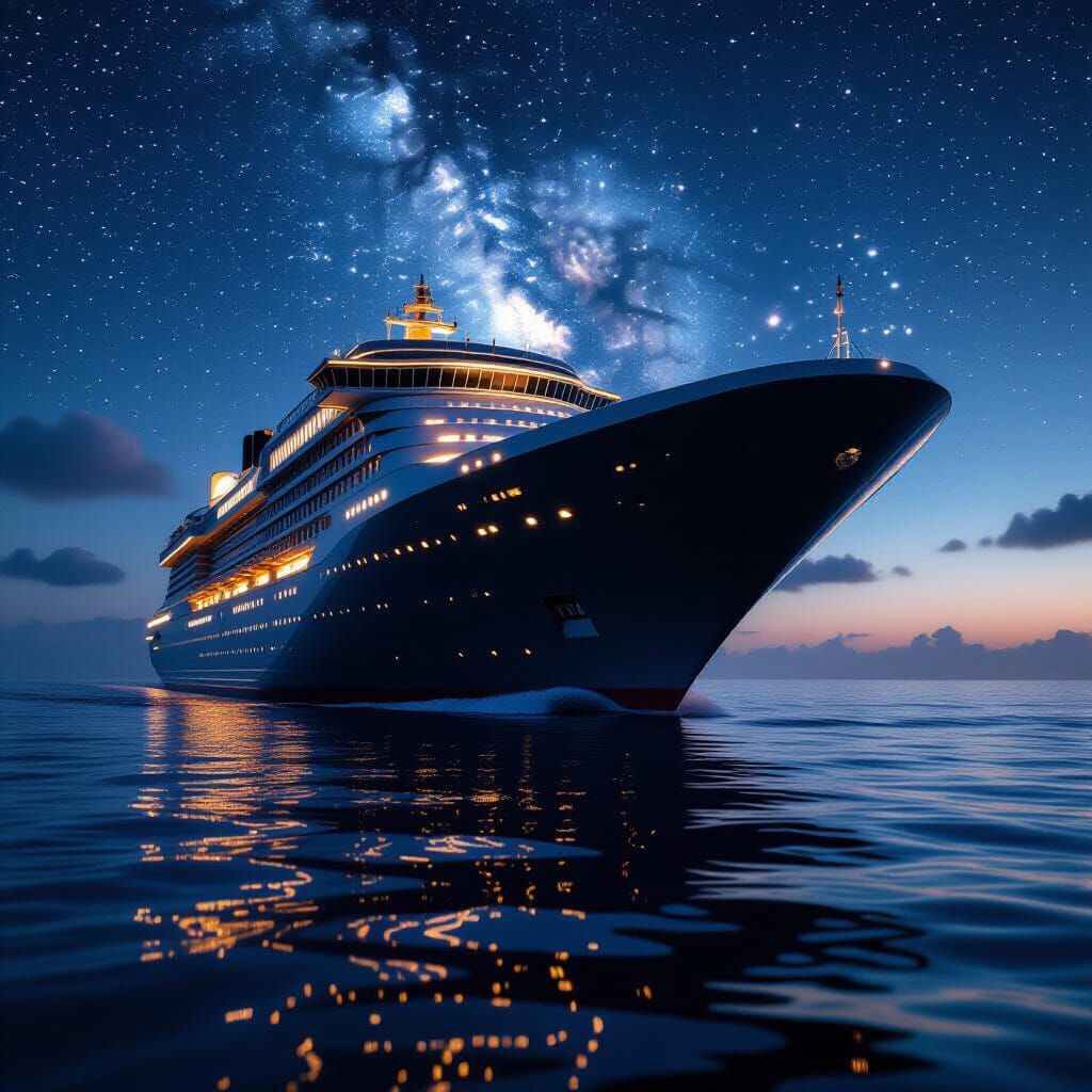 Massive Space Liner Glides Through Water at Dusk