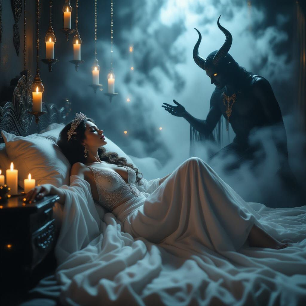 Gothic Cyber-Occult Priestess in Art Deco Bedroom