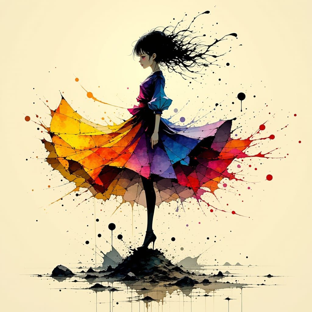 Whirling Figure in Ink Splatter Dance