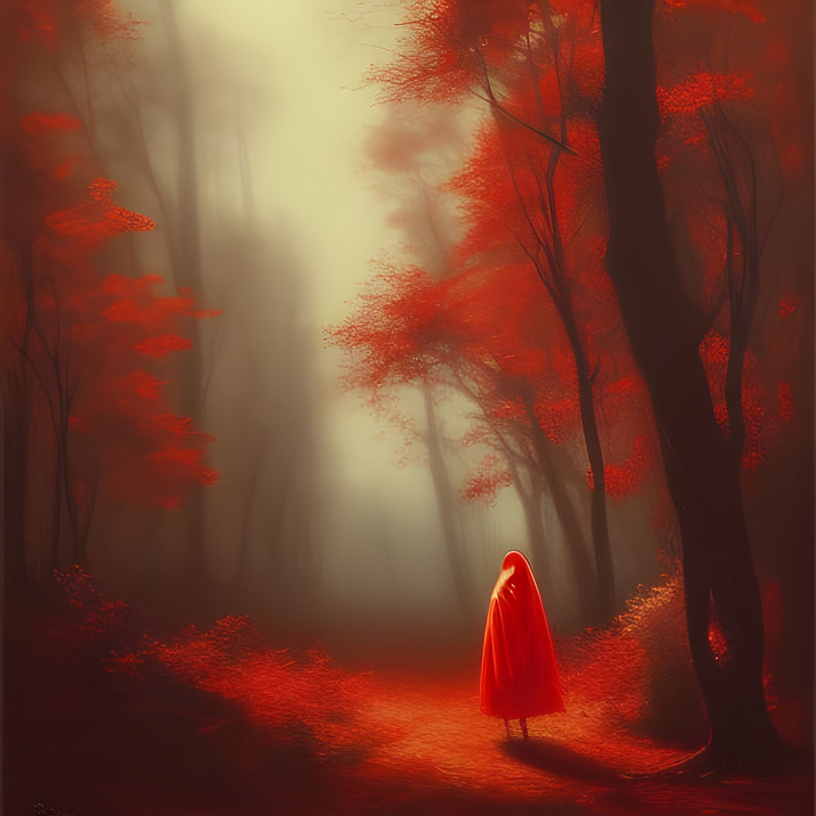 Red Riding Hood in Autumn Forest, Horror Illustration