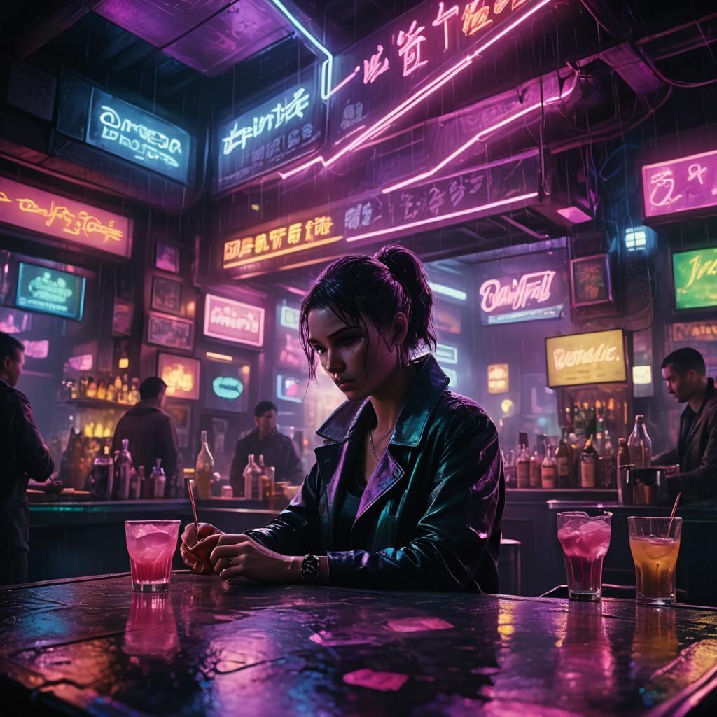 Cyberpunk Bartender in Neon Lit Cityscape