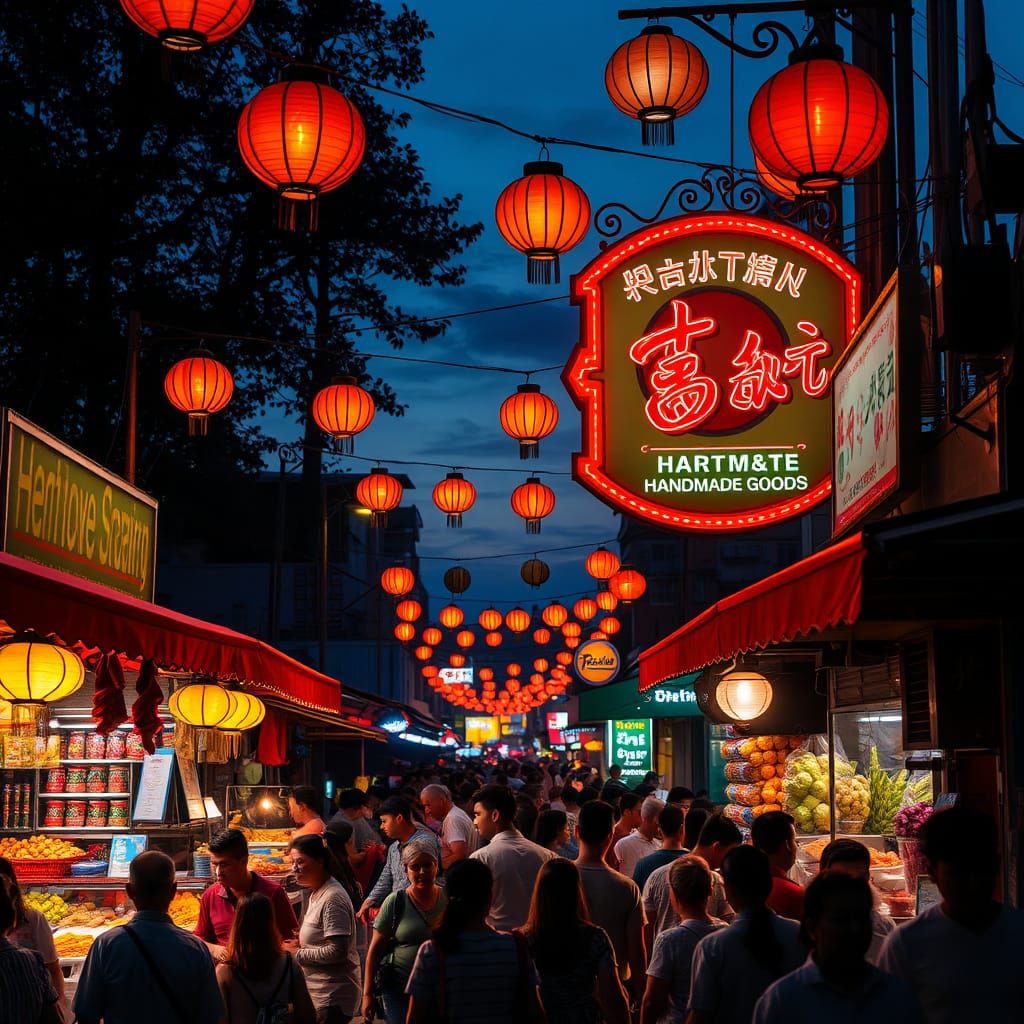 Neon-lit food stalls offering vibrant street food under colo...
