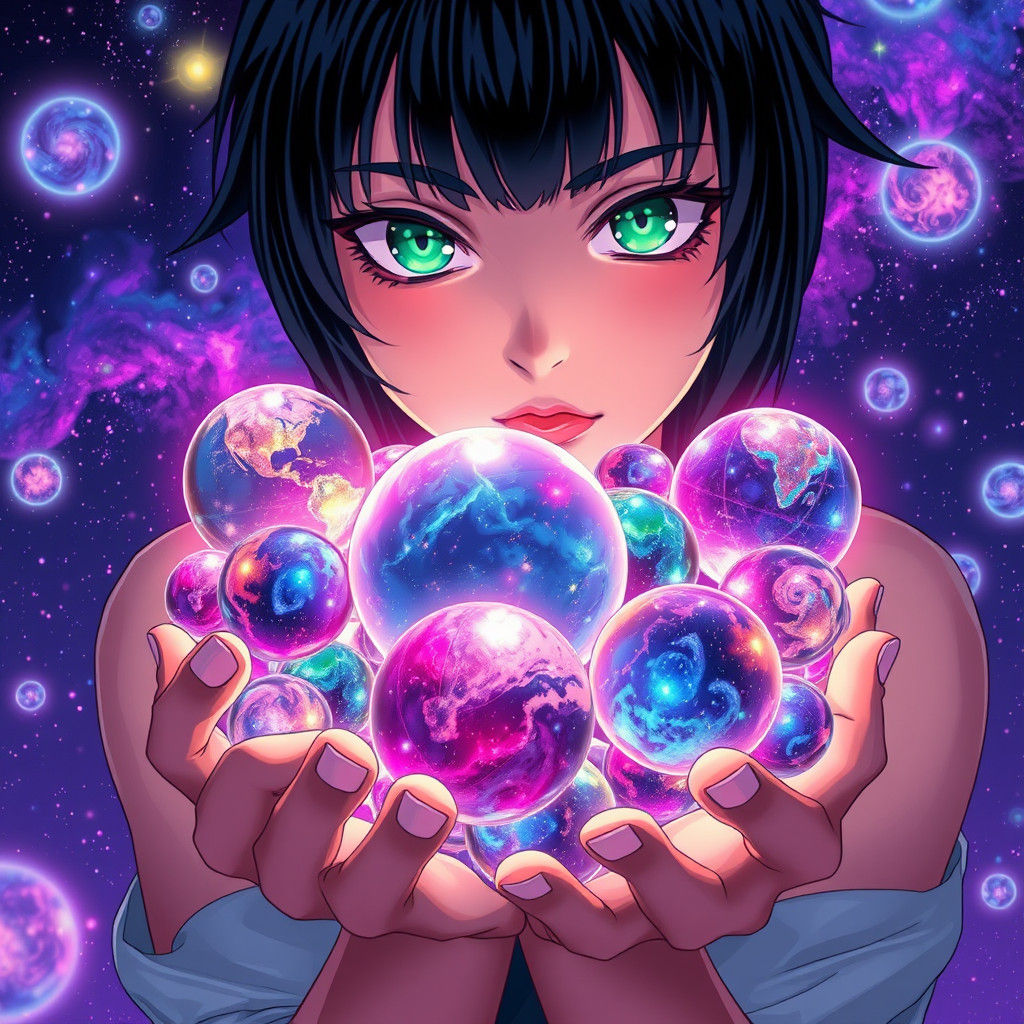 Raven-Haired Goddess Holds Universes, Manga Style