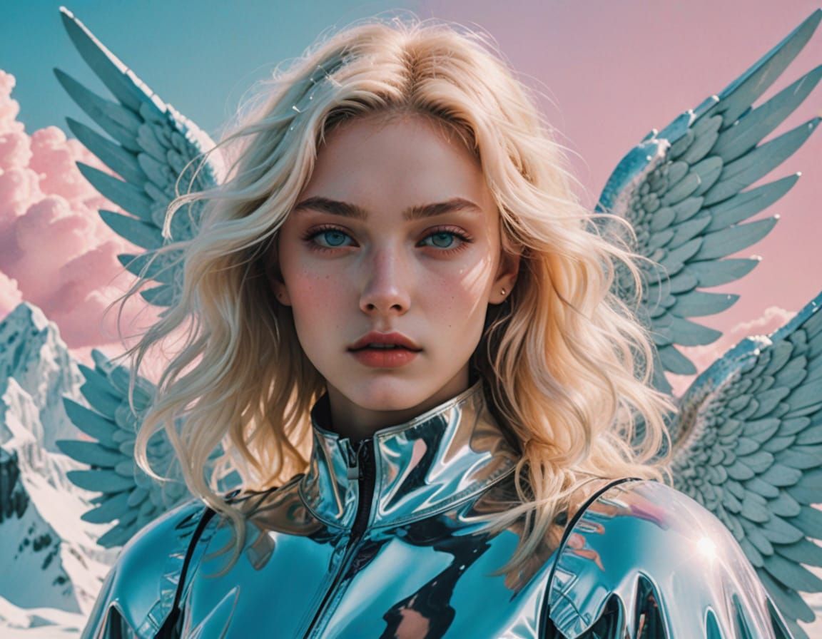 Icy Blonde Angel in Hyperpop Vaporwave Style