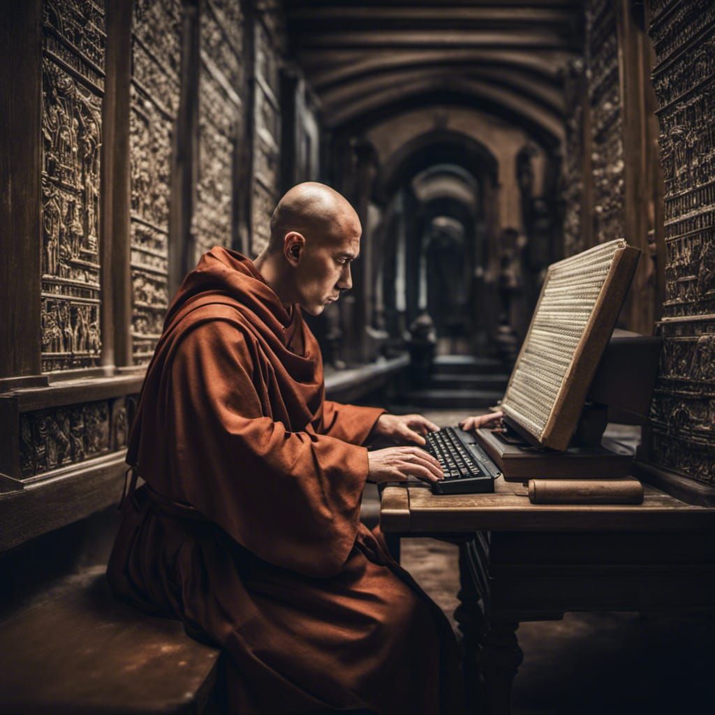 Monk in Scriptorium Typing on Computer: Hyperrealistic