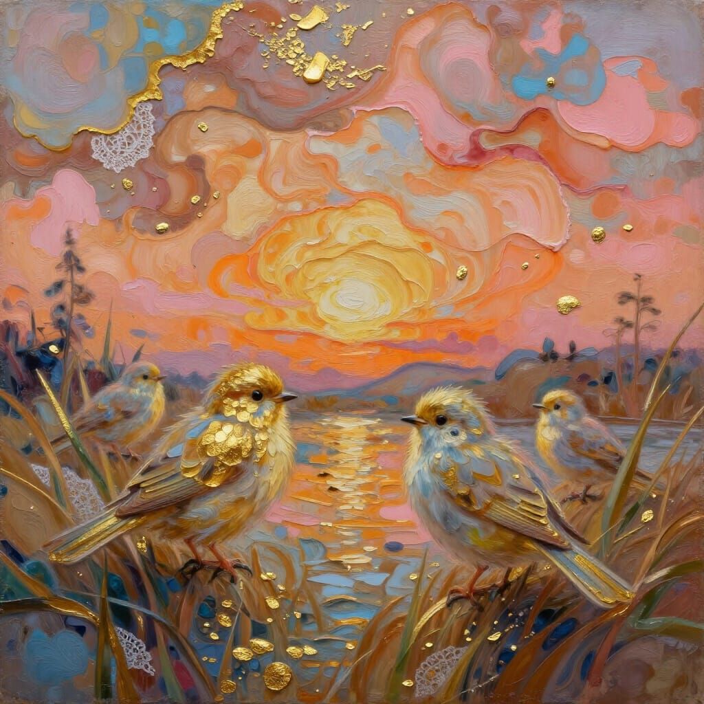 Fluffy Birds on River Grass in Vibrant Pastel Sunset