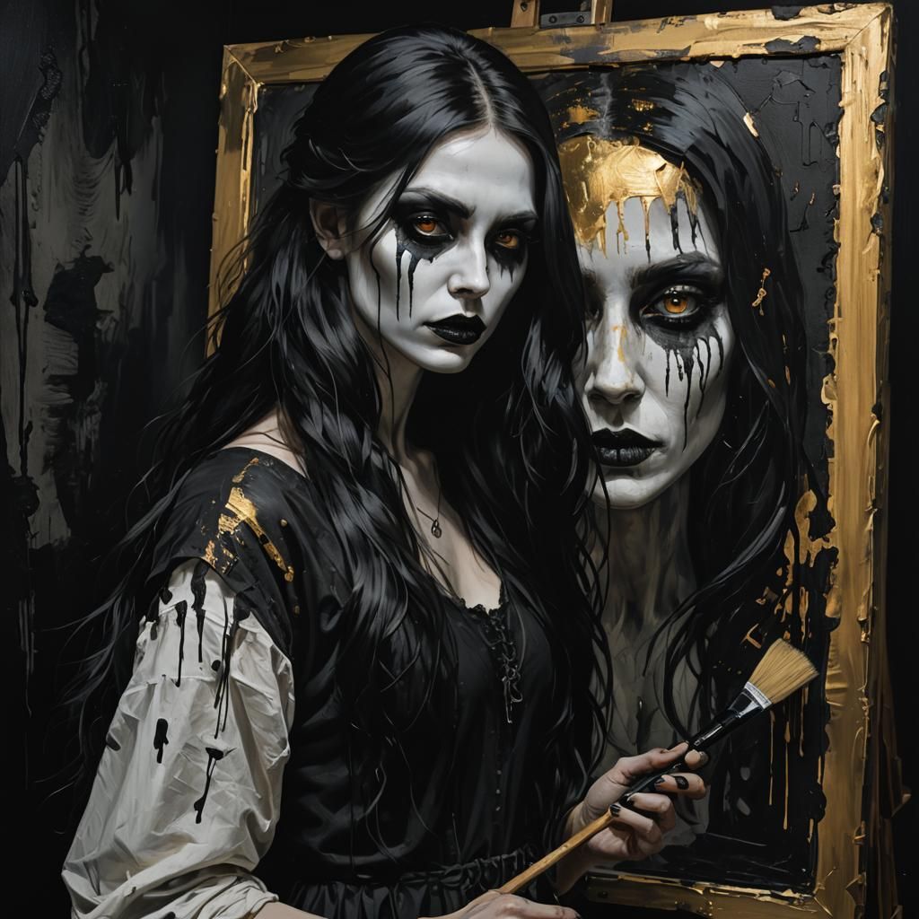 Gothic Girl Painted on Canvas in Grunge Style