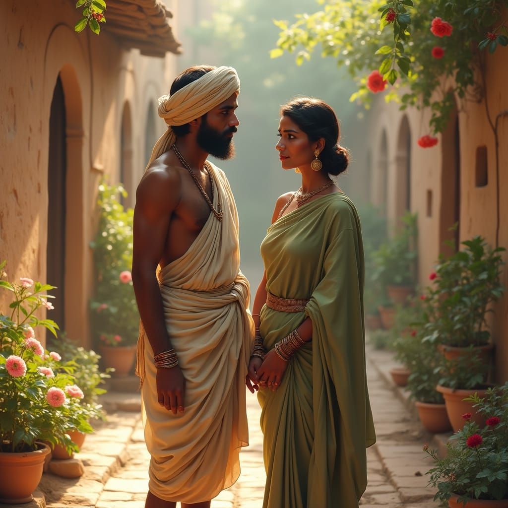 Serene Ancient Indian Couple in Rustic Courtyard