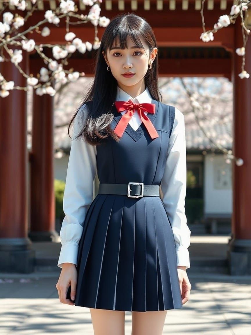 Kaori in Shrine Courtyard Amidst Falling Cherry Blossoms