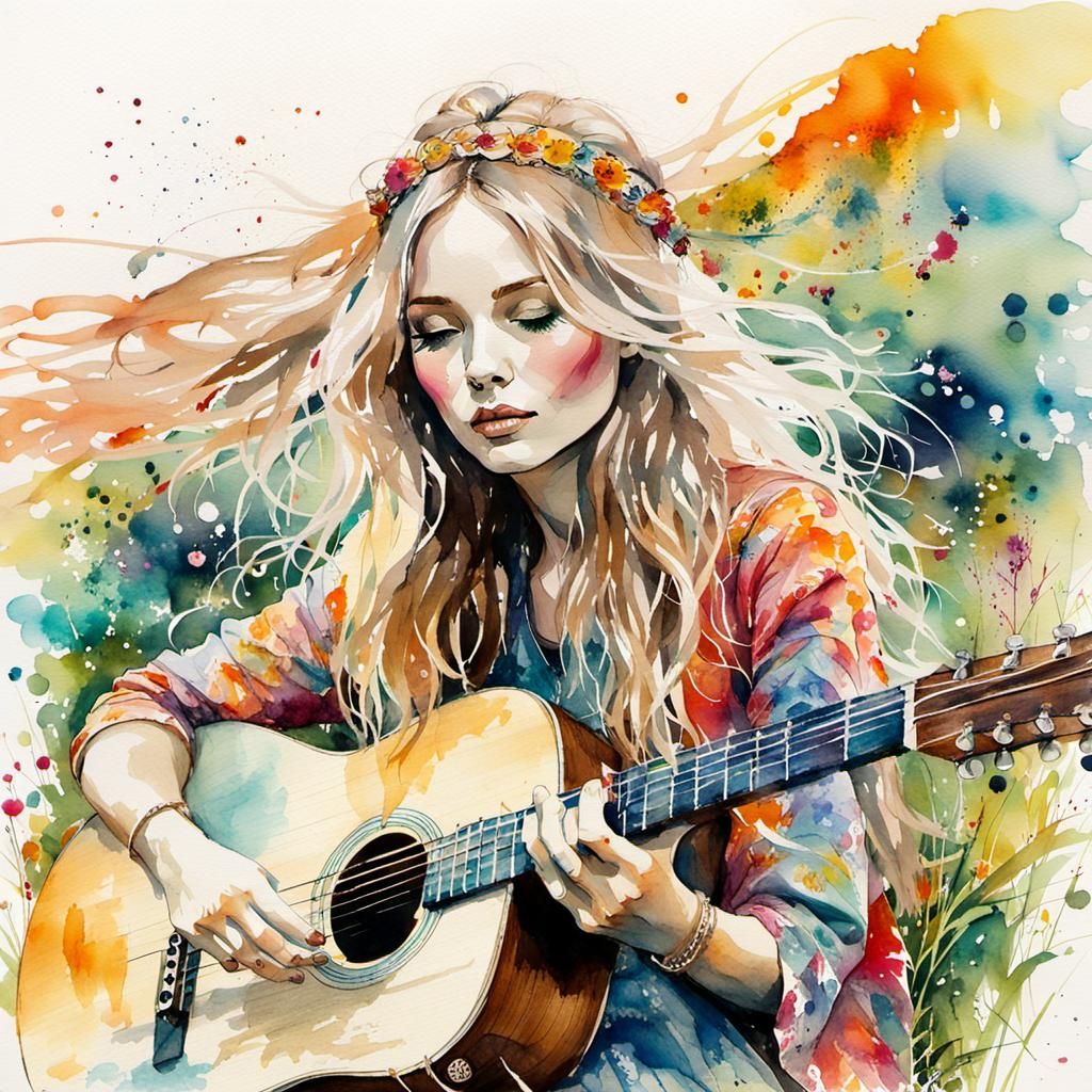Hippie Girl Playing Guitar, Watercolor Painting