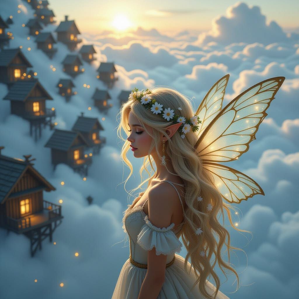 Fairy Village Above Clouds in Digital Matte Painting Style