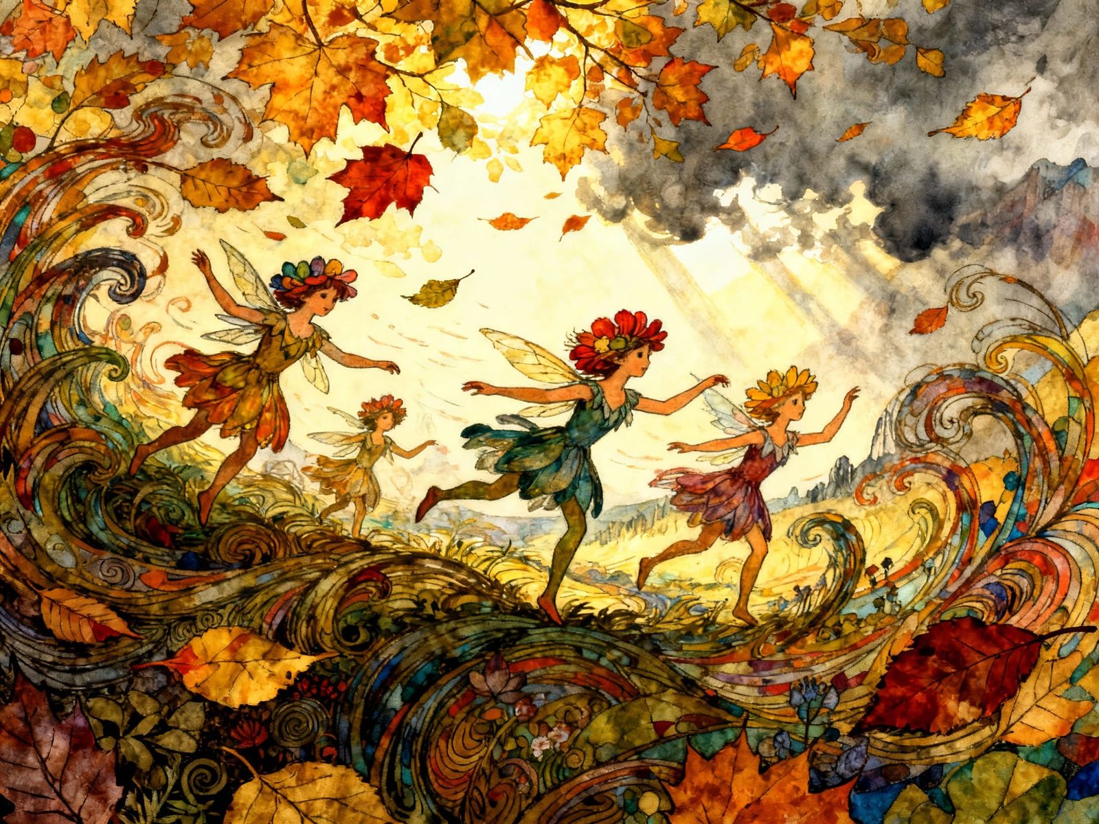Flower Elves Dancing in Autumn Wind