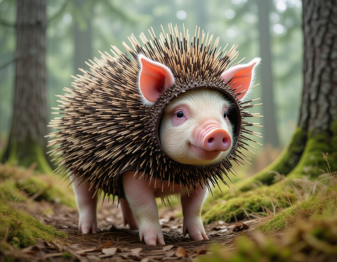Cute Pig in Porcupine Costume in Mountain Woodlands