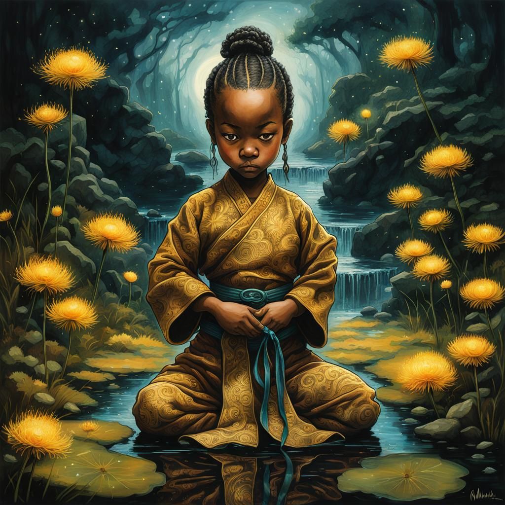 Bioluminescent Chibi Shaolin Monk Lace Art