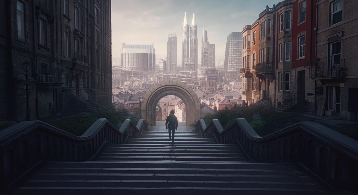 A lone figure descends steep stairs toward a bustling futuristic city skyline through an archway, bathed in soft morning...