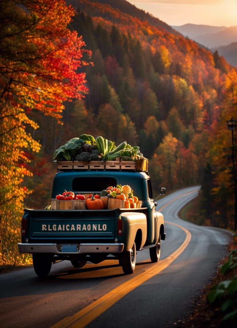 Vintage Truck Drives Through Appalachian Mountains at Sunris...