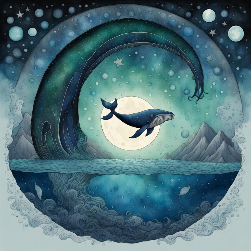 Whale in Starry Sea: Liquid Ink Watercolor Illustration