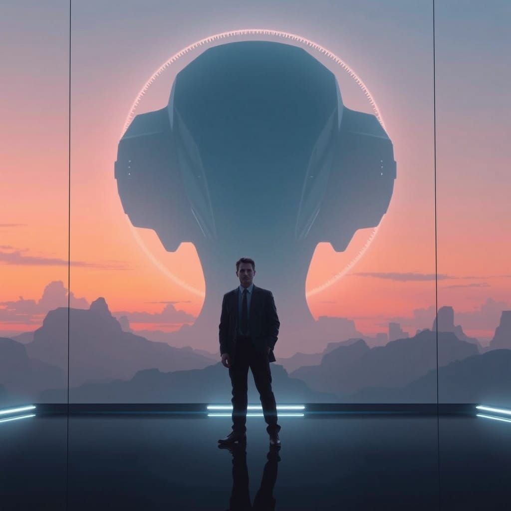 Futuristic AI Entity Watches Over Sleek, Minimalist Space