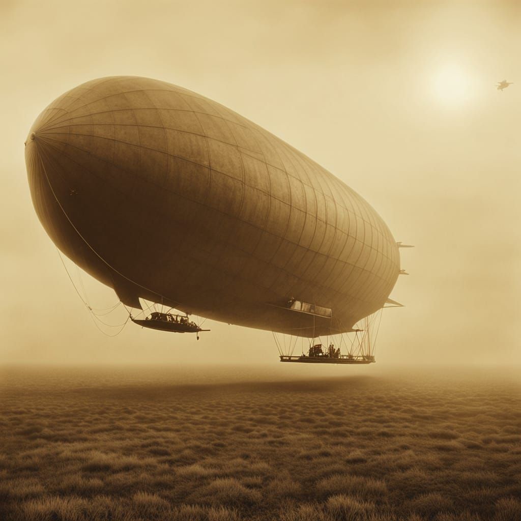 Weathered Airship Drifting Over Sepia Landscape