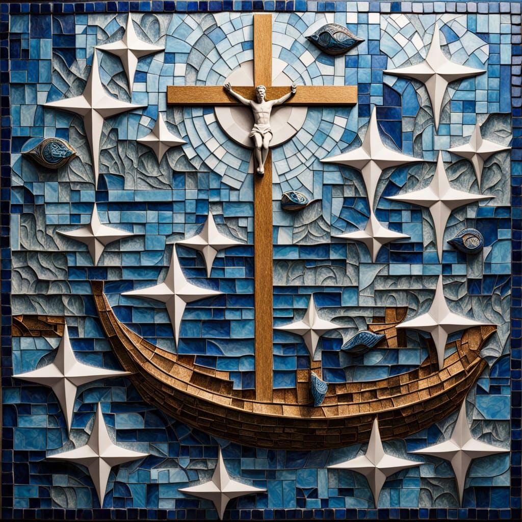 Tiled Art Interpretation of the painting, where a crucifix is floating in air, the perspective from...