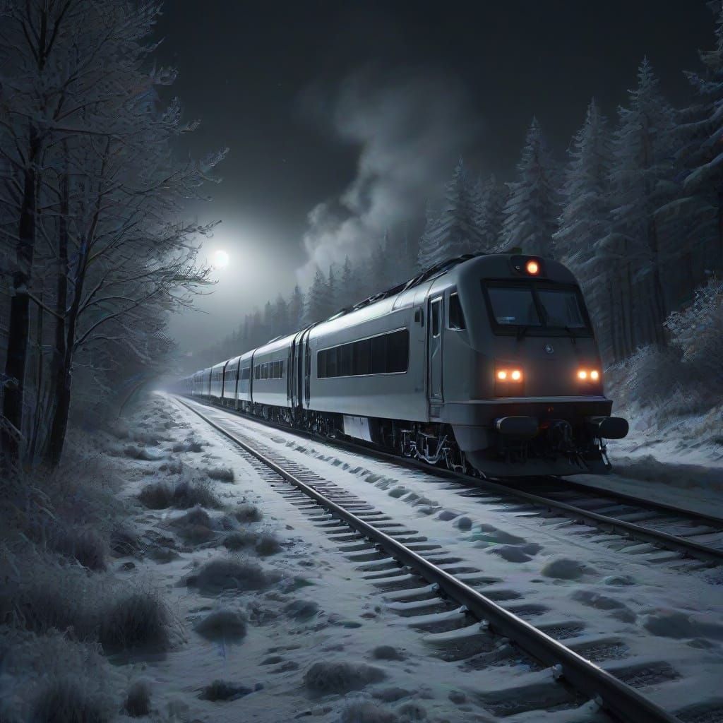 High-Speed Train in Ethereal Snowy Night Landscape