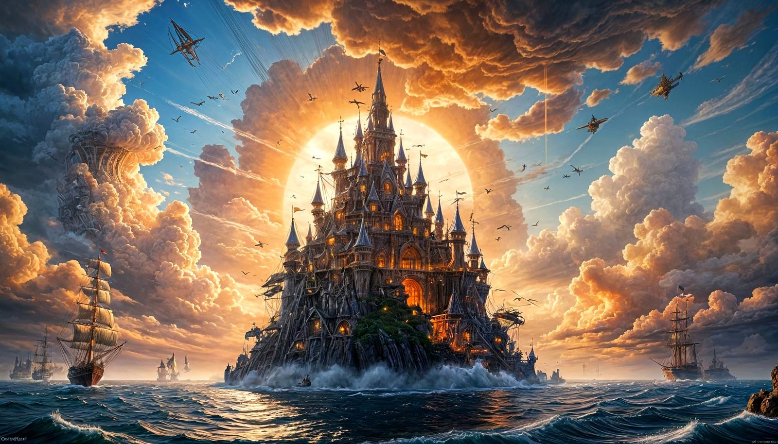 Fantastical Flying Castle Ship Among Clouds