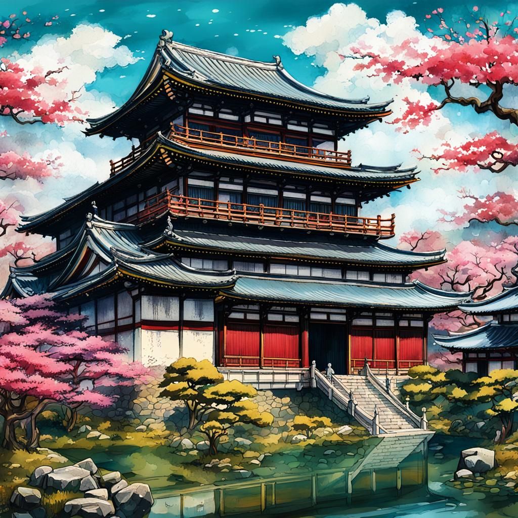 Japanese Emperor's Palace: Mixed Media Illustration