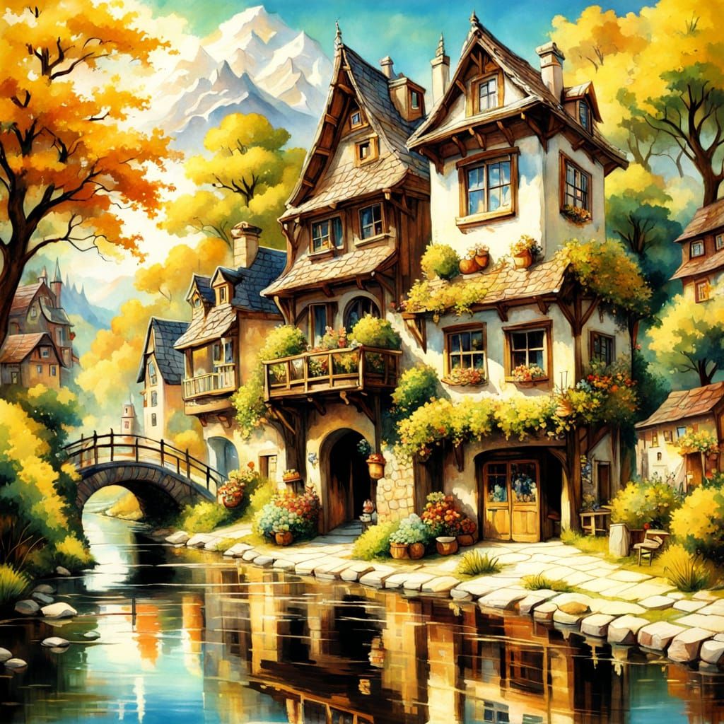 Whimsical Art Nouveau Village Scene with Dwarfs at Work