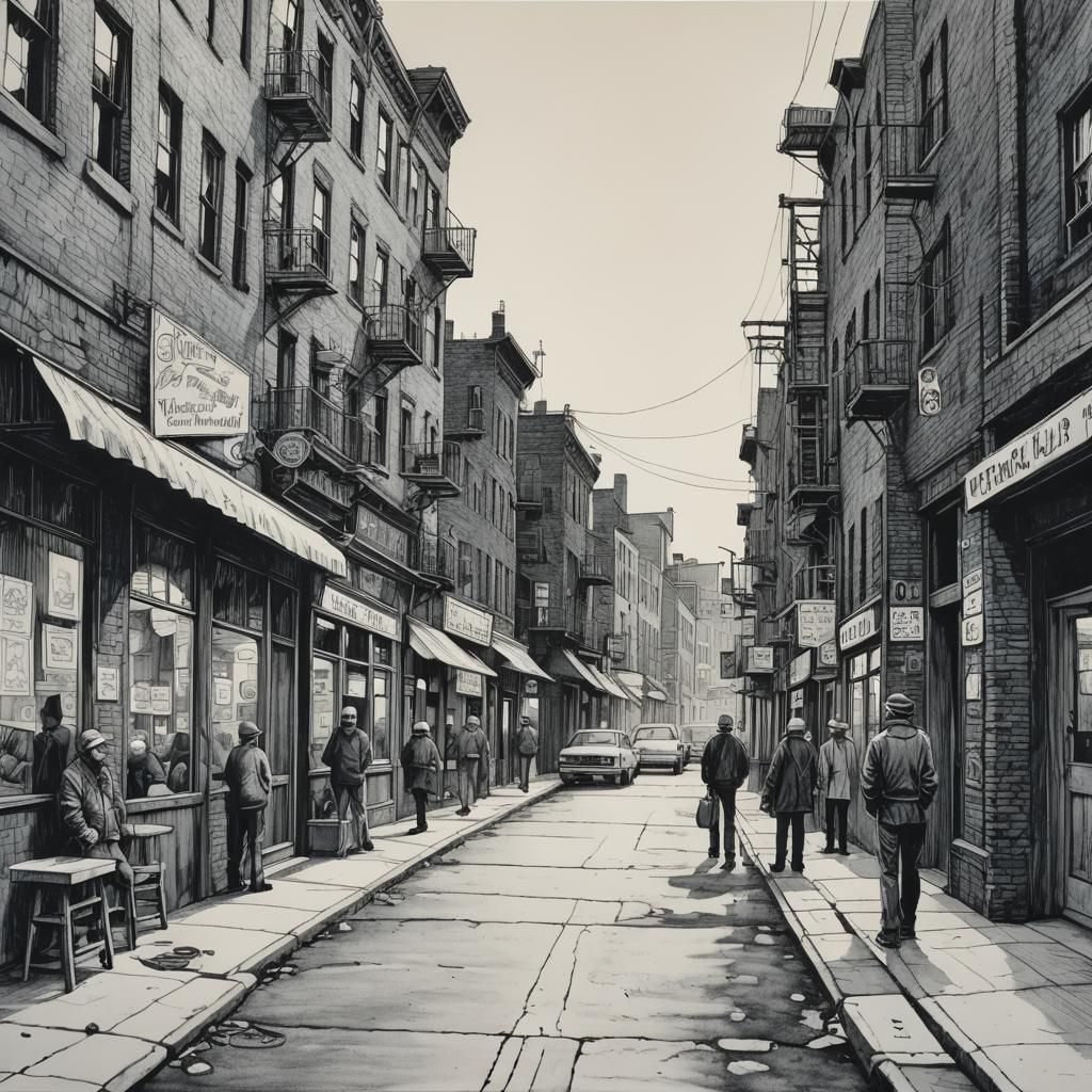 City Street Scene in Monochromatic Blue Ink Drawing