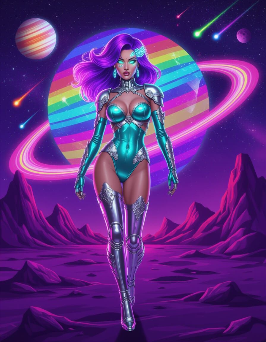 Atomic Age Retrowave Cyborg Portrait with Neon Saturn