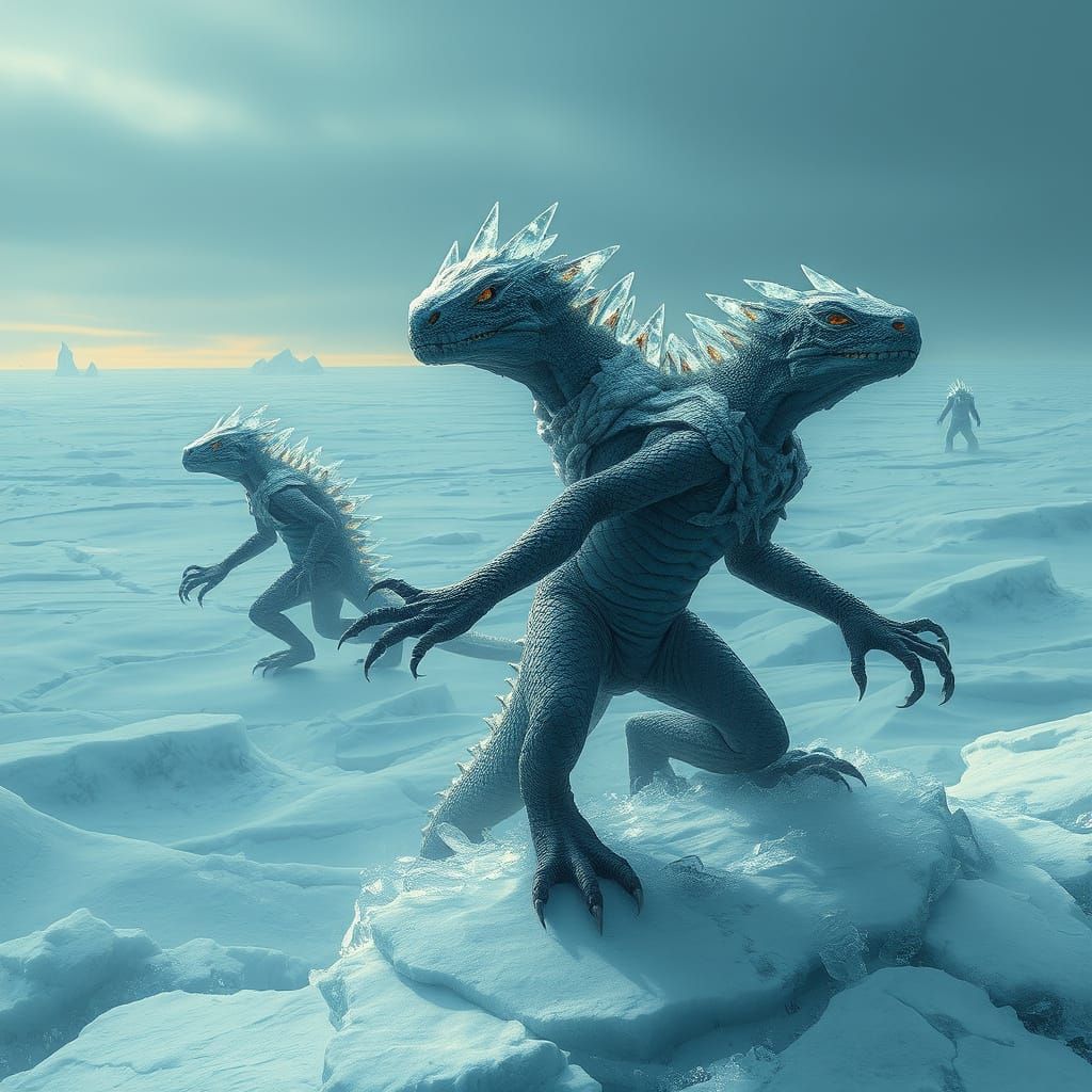 Mystical Reptilian Deities Emerge from Icy Depths in a Dark,...