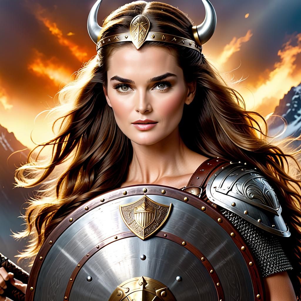 Brooke Shields: Celebrity Warrior with Viking Shield