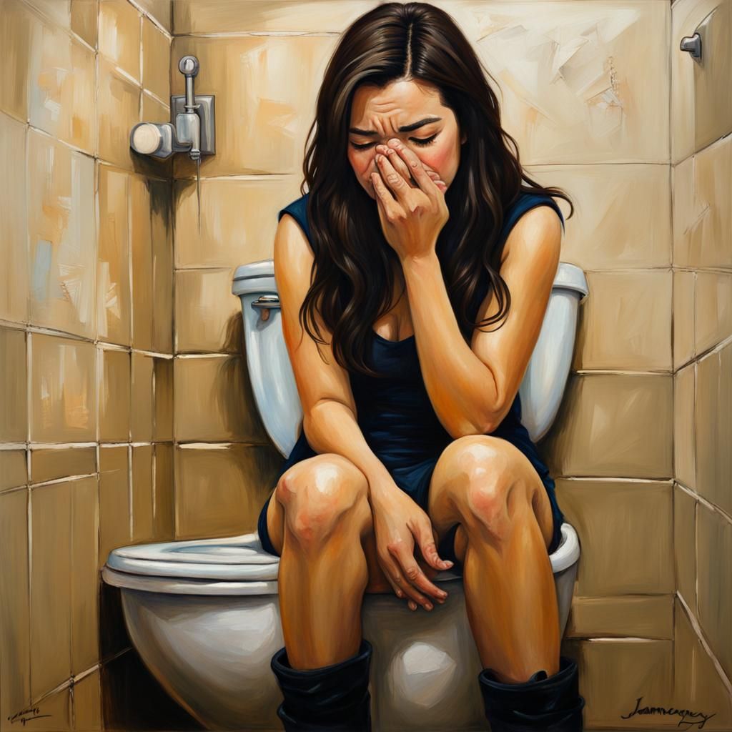 Woman Crying on Toilet: Oil Painting by Gurney