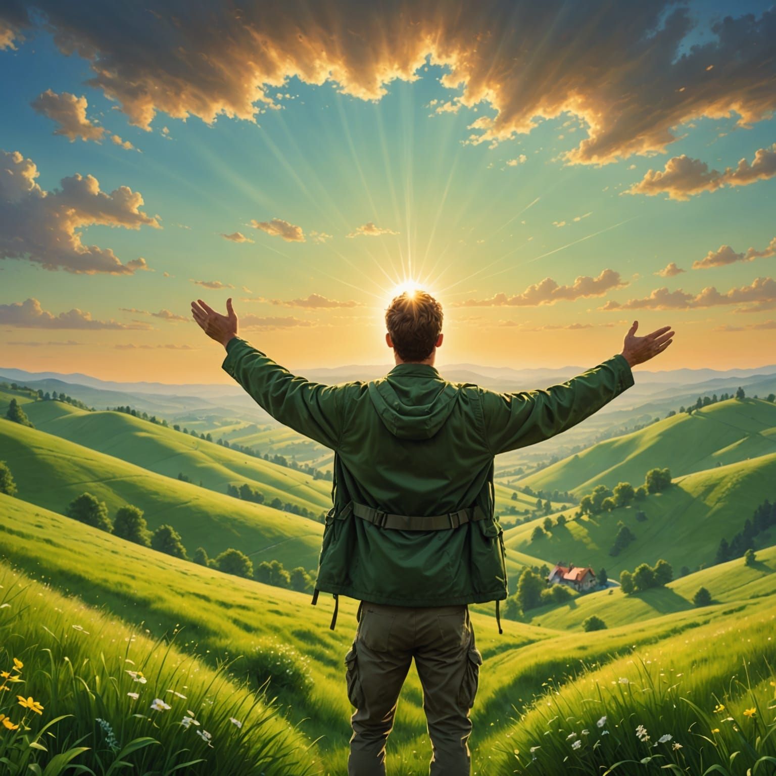 Man Standing on a Hillside at Sunrise, Radiant with Joy